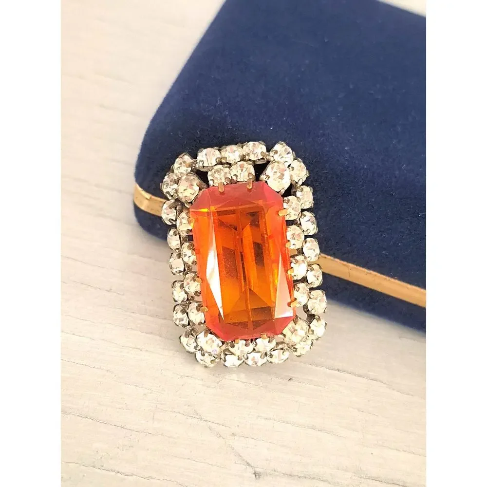 Vintage Orange and Clear Rectangle Statement Brooch